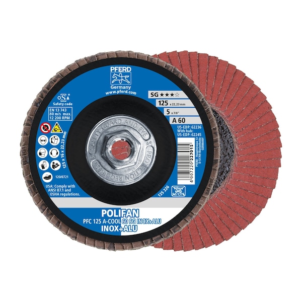 Pferd 5" x 5/8-11 Thd. POLIFAN Flap Disc - A-COOL SG INOX+ALU, Aluminum oxide, 60 Grit, Conical 62245 - main